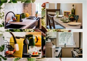 a collage of pictures of a kitchen with a sink and a table at Tó kincse Nyírjes vendégház in Balassagyarmat