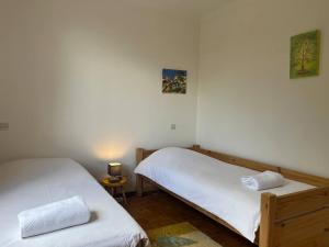 Maison calme au cœur de la Sainte Baume في سانت ماكسيمين-لا-سانت-بوم: غرفة بسريرين وطاولة بها مصباح