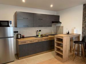 a kitchen with a stainless steel refrigerator and a counter at Prenoćište Šimić in Slavonski Brod