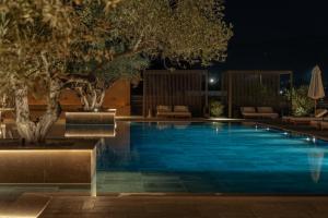 ランピにあるThe Ritual, A Wellness Retreatの木々とラウンジチェアのある夜のプール