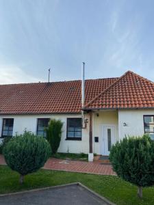 a white house with a red roof and two bushes at GoldStar Apartment-ganze Ferienwohnung Hannover-Sarstedt in Sarstedt