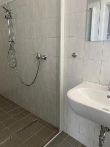 a bathroom with a shower and a sink at GoldStar Apartment-ganze Ferienwohnung Hannover-Sarstedt in Sarstedt
