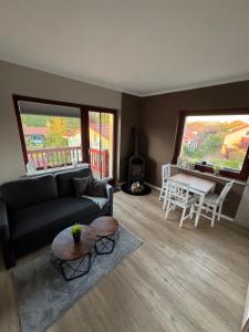 a living room with a couch and a table at Happy Place am Plauer See in Zislow +18 photos