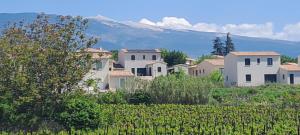 a group of houses with mountains in the background at Le Bonheur à Ventoux in Saint-Pierre-de-Vassols