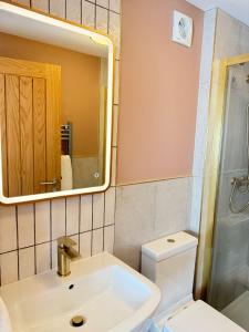 a bathroom with a sink and a toilet and a mirror at The Crown in Martley