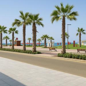 a street with palm trees and benches and the beach at Seaside Bliss Getaway in Port Said