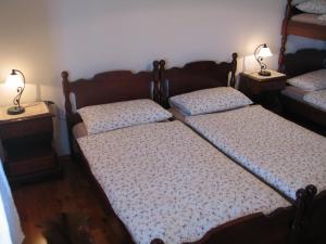 two beds in a bedroom with two lamps on tables at Tourist Farm Žvanč in Kobarid