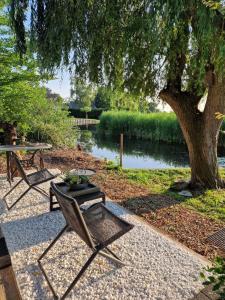 a picnic table and bench under a tree next to a river at Amsterdam Millgreen Den Ilp 198 in Den Ilp
