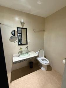 ein Badezimmer mit Toilette, Waschbecken und Spiegel in der Unterkunft Marazul Hotel Boutique in Isla Mujeres