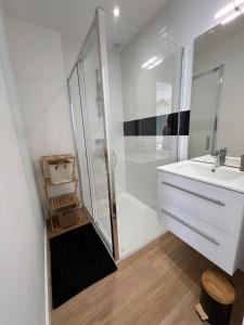 a bathroom with a shower and a sink at Ker Phan Cozy urban cottage with hot tub in Saint-Aubin-du-Cormier +15 photos