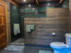 a bathroom with a toilet and a wooden wall at Superbe maison à 1 kilomètre de la Marina in LʼAnse-Saint-Jean +49 photos