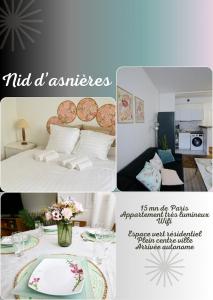a collage of pictures of a room with a bed and a table at Nid Asnières escapade cosy aux portes de Paris in Asnières-sur-Seine