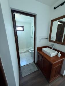 a bathroom with a sink and a toilet and a mirror at Depto Allende in Cordoba