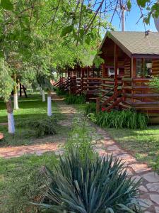 a wooden cabin in a park with a plant at Salcia Pletoasa in Mahmudia