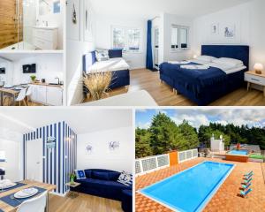 kolaż zdjęć pokoju hotelowego z basenem w obiekcie APARTAMENT 19B BLUE MARINE Poddąbie Basen Odkryty Brodziki Plac Zabaw w Poddąbiu