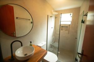 a bathroom with a sink and a mirror and a shower at Suíte jasmim rosa in Campos do Jordão