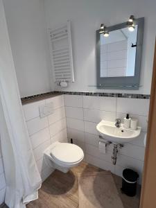 a bathroom with a toilet and a sink at Ferienwohnung Alte Brauerei in Leipzig +6 photos
