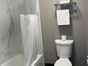 a bathroom with a white toilet and a shower at Studio 6 Suites Hurricane, WV in Hurricane +29 photos