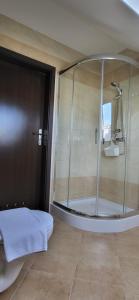 a bathroom with a shower and a toilet and a tub at Villa Rekin in Grzybowo +79 photos