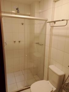 a bathroom with a shower and a toilet in it at Flat 01 Celita Franca Business in Feira de Santana