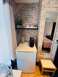 a bathroom with a mirror and a white refrigerator at Double Room - Folkestone Harbour in Kent +6 photos