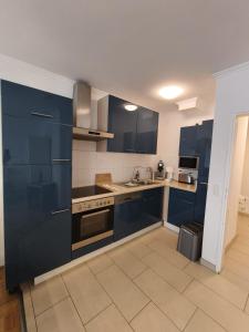 a large kitchen with blue cabinets and appliances at Ferienwohnung Luiza in Bad Neuenahr-Ahrweiler +1 photo