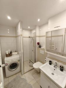a bathroom with a washing machine and a sink at Ferienwohnung Luiza in Bad Neuenahr-Ahrweiler