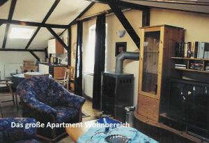 a living room with a wood stove and a chair at Landhaus Questin in Alt Bukow