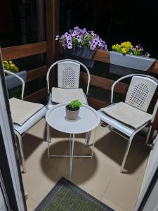 ŠimanovciにあるSveti Luka- OBRADOVIĆ SOKAK 41のバルコニー(椅子2脚、テーブル1台、花付)