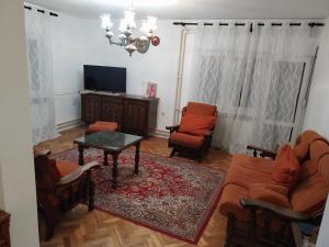 a living room with a couch and chairs and a television at Dve Breze in Rvati