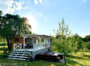 KisapátiにあるTiny House at lake Balatonの芝生にポーチと階段があるトレーラーハウス