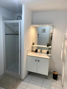 une salle de bain avec lavabo et douche dans l'établissement Joli appartement à Andernos les bains , 2 ou 4 pers , avec terrasse et parking, à Andernos-les-Bains