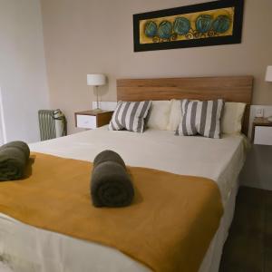 ein Schlafzimmer mit einem großen Bett mit zwei Kissen in der Unterkunft El Quebracho, Suites y Apartments in Corrientes