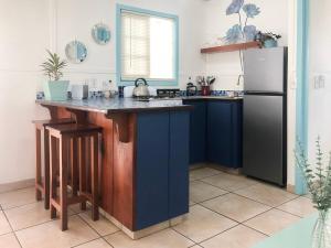 a kitchen with blue cabinets and a refrigerator at Candyland Cabanas in Bocas Town
