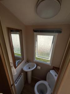 a small bathroom with a toilet and a sink at New beach Holidays in Dymchurch