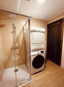 a small kitchen with a washing machine and a shower at Casa rural entre Santiago Compostela y La Coruña in Ordes