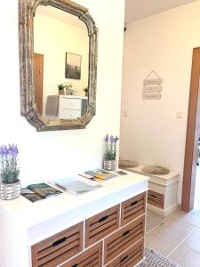 a bathroom with a mirror and a sink at Auszeit in der Wachau in Unterbergern