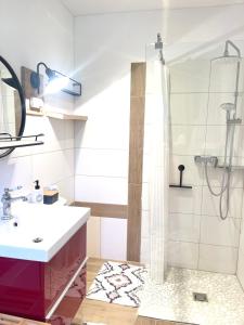 a bathroom with a sink and a shower at Auszeit in der Wachau in Unterbergern +10 photos