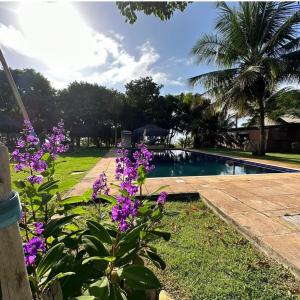 a garden with purple flowers next to a swimming pool at Refúgio a 100m da Praia Conforto e Lazer Completo in Prado
