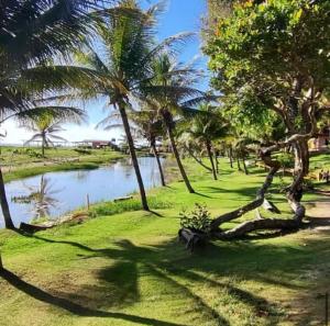 a park with palm trees and a body of water at Refúgio a 100m da Praia Conforto e Lazer Completo in Prado