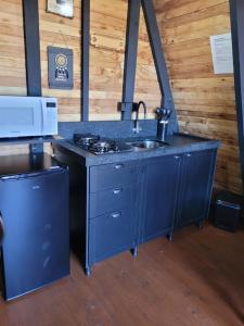 a blue kitchen with a sink and a stove at Chalé Encanto Do Lago in Urubici +26 photos