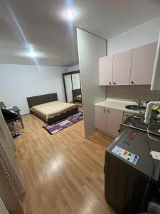 a small room with a bed and a room with a kitchen at Studio Chic in Bucharest