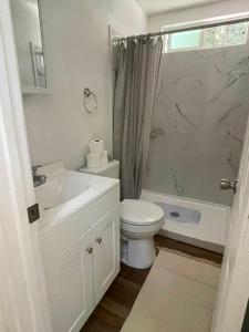 een badkamer met een toilet, een wastafel en een douche bij The Black Bear Cabin in Klamath