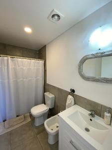 a bathroom with a toilet and a sink and a mirror at Jencquel Home in Coronel Suárez +16 photos