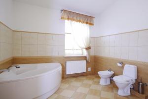 a bathroom with a tub and a toilet and a sink at Mini-Hotel Under The Roof in Lviv