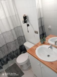 a bathroom with a toilet and a sink and a shower at Departamento en Pucón in Pucón