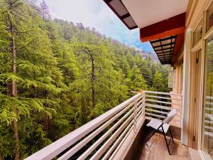 a balcony with a chair and a view of a forest at Staynest BNB in city Centre - 3 BHK apartments - PRIVATE PARKING - BALCONY VIEW in Shimla