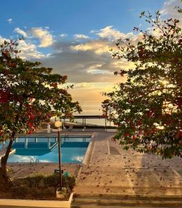 a swimming pool with trees and the ocean in the background at 2 Bedrooms 2 Bathrooms Luxury Gated Condo with Beach and Breathtaking Views of Kingston Harbour and 2 swimming Pools in Portmore