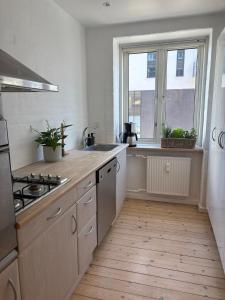 a kitchen with a sink and a stove top oven at Andra in Aalborg
