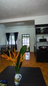 a living room with a vase with flowers on a table at Melany's House's in Ajaxá +25 photos